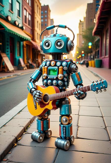 A small robot playing guitar on a sidewalk, powered by exposed AA batteries on its chest, (warm tones:1.2), (futuristic bohemian aesthetic:1.3), city backdrop
Tags: B4TT3R13S, made of batteries, lazympos