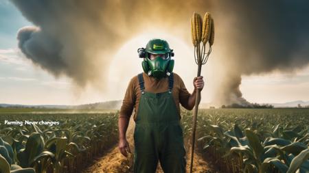 photo of farmer in cornfield wearing overalls and (dirty and grimy john deere green fallout t52 helmet with obsidian visor covering face:1.4), holding an american gothic style pitchfork skewering giant olive, nuclear mushroom clouds in background, text "FARMING NEVER CHANGES",  lens flare, 8k, hd <lora:texta:1> <lora:Perfect Hands:1>, 8K, HD, hyper detailed