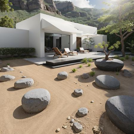 archviz (villa modern minimalist:1.1), seaside, tropical, zen garden( design studio:1.1), sandstone (furniture:1.1), chair, tea table, pbr texture dark cracked sandstone natural boulders cracking, ceramic vase, tree, plants, garden flowers <lora:sandstonenatural-medium:0.35> <lyco:Cloudify:.1>