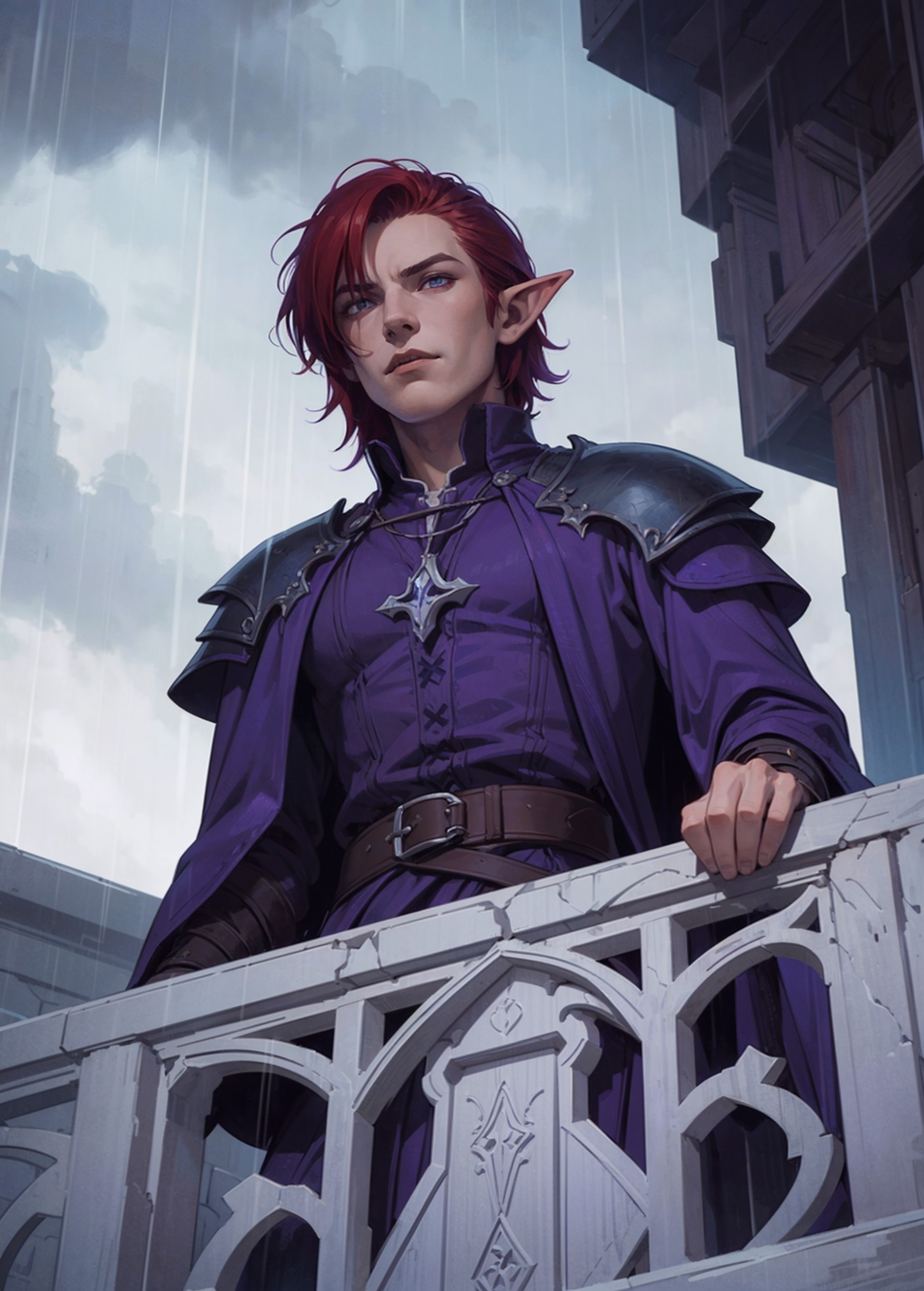 (complex illustration, close-up from below:1.3) heavy rain, portrait young male elf boy vampire mage looking from balcony,...
