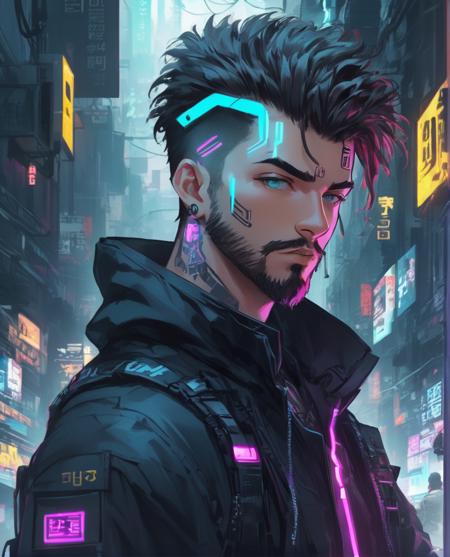 1boy, beard, cable, cyberpunk, cyberpunk style, cyborg, facial hair, hood, jacket, looking at viewer, male focus, neon lights, open clothes, realistic, science fiction, solo, upper body
<lora:sdxl_cyberpunk:0.65>