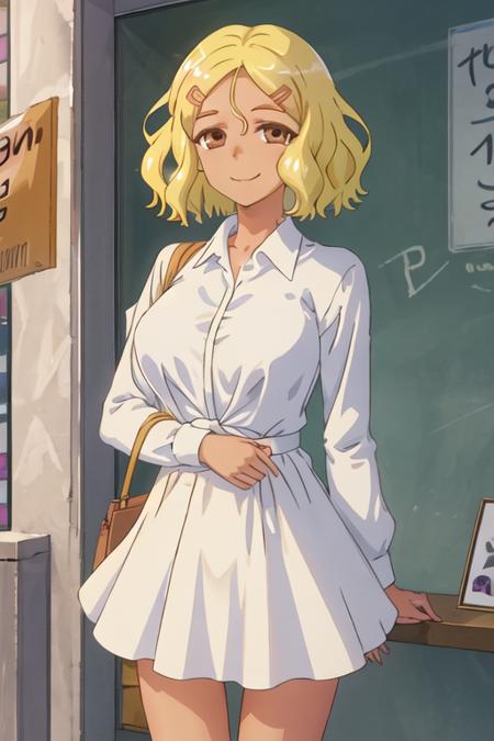 best quality, masterpiece, highres, solo, {sakura_donttoywithmemissnagatoro:1.15}, blonde_hair, hair_ornament, hairclip, short_hair, brown_eyes, smile, dark_skin, closed_mouth, 1girl, shirt, white_shirt, looking_at_viewer, collared_shirt