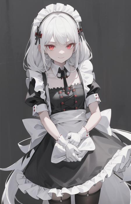 best quality, ultra detailed, 1girl, solo, standing, white hair, twin braids, red eyes,maid headdress,maid apron, bangs,white gloves, stare, smile, looking at viewer, (interview:1.3),  <lora:maid_v10:0.6>