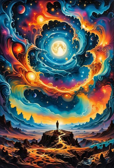 A hyper-detailed silhouette illustration of a little boy standing at the very edge of the world, gazing out into the infinite vastness of space. The composition captures an overwhelming sense of scale, with a cosmic panorama stretching before him—planets, stars, and the glowing moon suspended in an astral tapestry of swirling patterns and luminous colors. The scene is painted in the style of Turner, Monet, and Thomas Kinkade, blending their mastery of light and texture with large, expressive brush strokes that evoke the surreal brilliance of Salvador Dali. The starry night sky is alive with intricate detail, rich in color depth, and adorned with melting, dreamlike cosmic forms that create a surreal and moody atmosphere. Volumetric lighting and shading add depth and drama, bathing the boy and the celestial expanse in a soft, radiant glow. The dynamic lighting and high-contrast palette lend an epic, cinematic quality to the work, while the blending of candyland art, sci-fi wonder, and postmodern aesthetics result in a masterpiece of cosmic surrealism. Rendered with HDR precision, this digital oil painting brings intricate details and vivid imagination together on a melting canvas of extraordinary beauty.