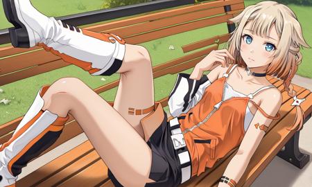 ONE_CeVIO,blue eyes,blonde hair,single braid,hair flaps,emblem choker, bare shoulders,single detached sleeves,orange shirt,spaghetti strap,arm tattoo,leg tattoo,zipper,belt,black skirt,uneven legwear,single kneehigh,single thighhigh,cross-laced footwear