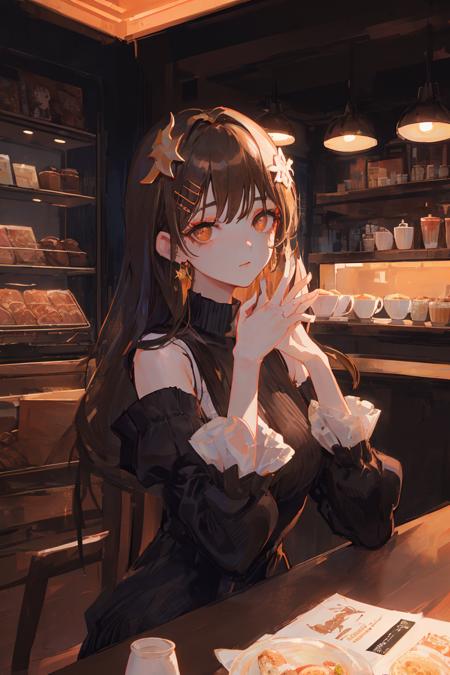 style\(lofiDark\),girl, beautiful face, [ sweater: long dress: 15], makeup, holding up one hand, cutout sleeves, pantyhose , hair ornament, detailed eyes, brown eyes, ultra detailed, illustration, inside a cafe , upper body, sit <lora:MixLoFi_style_v1.0:0.7>