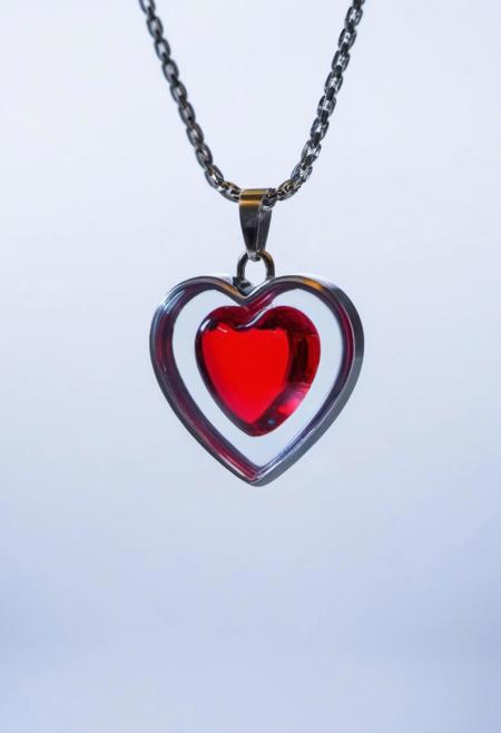 A chain necklace with inside the muscle red heart made of glass, macro photography