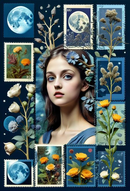 Hi-tech multi-level compositional collage of the collector: a batch image of philatelic stamps: moon, girl, dryad of the forest, bouquet of flowers; illusion of depth, superimposition of shapes on each other, indigo colors, fragmentation