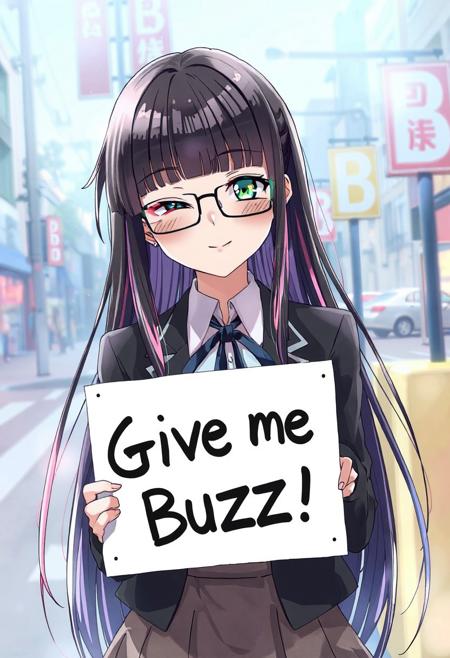 score_4,score_5,score_6,score_7_up,score_8_up,score_9 ((masterpiece,best quality,ultra detailed,highres,HD,4k:1.2)), 
1 girl,solo,face focus,
((glasses)),
((kurosawa dia,dia kurosawa,very long hair,blunt bangs:1.1)),very long black hair,very long multicolored hair,very long Inner color pink hair,green eyes,tattoo,earrings,small breast,
Blazer, school uniform, skirt, ribbon tie,
(("Give me Buzz.",Beggars Borad,Holding a sign, holding a sign that says, "Give me Buzz."))
wink,happy,blush, looking at viewer, smile,