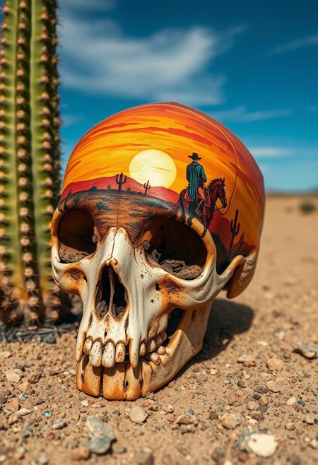 A human skull sits on the desert ground next to a cactus, its surface transformed into a canvas of vivid, western-themed art, tells the story of a lone cowboy riding his horse off into the sunset. The painting, rendered in exquisite detail, features the cowboy's worn leather saddle and hat, his horse's flowing mane and tail, and the vast, sweeping expanse of the American West. Every brushstroke is meticulously captured, from the delicate, swirling patterns of the cowboy's bandana to the tiny, shimmering highlights on the horse's bridle. The overall effect is one of haunting, surreal beauty, as if the very essence of the American frontier has been distilled into this transformed skull, turning something once macabre into a masterpiece of western art. highest-Quality, intricate details, visually stunning, Masterpiece