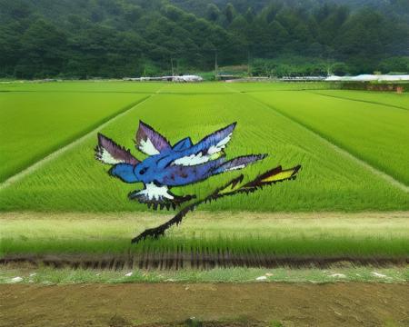 outdoors, (rice_paddy_art:1.1), field, scenery, landscape, nature, crossover, day, fence, grass, green skin, green theme, house, nature, path, river, ruins, sky,<lora:rice_paddy_art:0.8>, (blue bird:1.5)