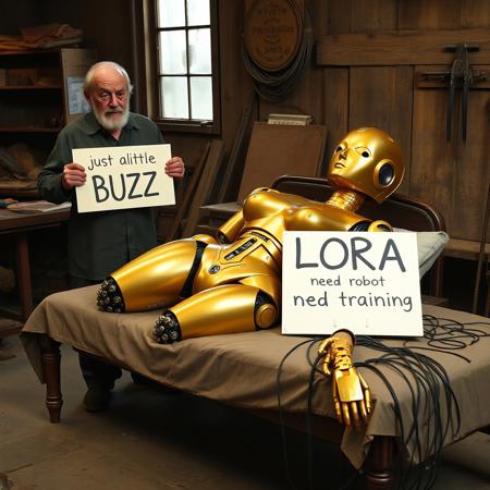 an old man standing beside a bed in a rustic, old workshop setting, holding a sign that says "just a little BUZZ." On the bed lies a large, a beatiful  female robot mostly made of gold, with the head of a  Asian woman. The robot is under construction, completed only up to the neck, and is lying down. The robot has a large sign that says "LORA need training" prominently displayed and clearly visible near her . The robot has numerous wires hanging from it, including some short wires. The scene conveys a sense of ongoing work and progress in an old, rustic environment.