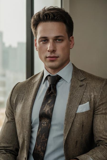 epiCRealism, (male focus), cowboy shot professional photograph of nick sandell in a (suit and tie:1.5), <lora:Nick_Sandell-07:.8>, deep photo, depth of field, Superia 400, bokeh, professional photograph shot, realistic lighting