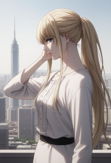 phanora kristoffel,  ponytail, blonde hair, blue eyes, pale skin white dress, black overcoat