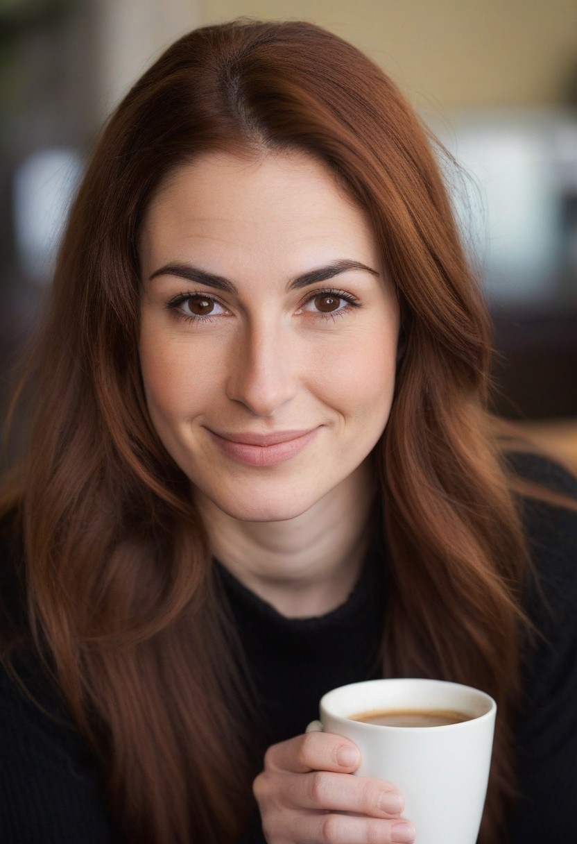crooked nose, portrait, 28 year old woman, wide chin, big brown eyes, long auburn hair , wide nose, pores, natural skin, smirking, (leaning forward looking upwards), (strong eyebrows),  cleavage, open black pullover, (big cheekbones), cozy caffee