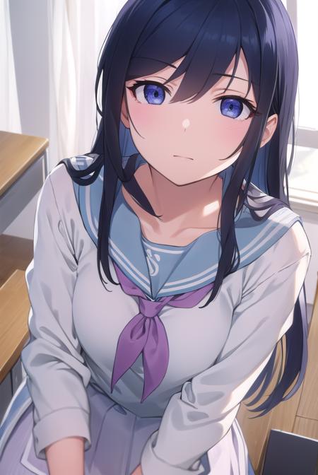 ayasearagaki, <lora:ayase aragaki s2-lora-nochekaiser:1>,
ayase aragaki, long hair, blue eyes, black hair, hair between eyes,
BREAK skirt, school uniform, serafuku,
BREAK indoors, classroom,
BREAK looking at viewer, (cowboy shot:1.5),
BREAK <lyco:GoodHands-beta2:1>, (masterpiece:1.2), best quality, high resolution, unity 8k wallpaper, (illustration:0.8), (beautiful detailed eyes:1.6), extremely detailed face, perfect lighting, extremely detailed CG, (perfect hands, perfect anatomy),