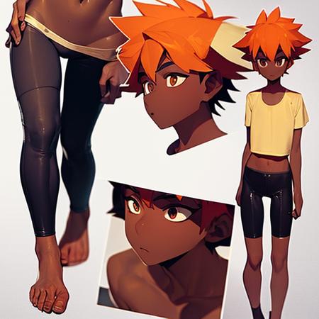 Edward,  standing,  Goggles
dark skin, tomboy, midriff, orange hair, loose shirt, spiked hair, barefoot, bike shorts, brown eyes
(insanely detailed, beautiful detailed face, masterpiece, best quality)  <lora:Edward-03:1>