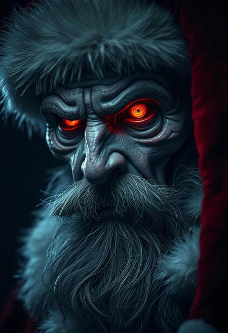 A old cyborg dressed as santa in a dramatic, chiaroscuro-style close-up portrait, his expression is evil and mysterious, his amber glowing eyes seeming to hold untold secrets. Deep shadows obscure his face. His crimson santa hat fur trim is faintly visible against the darkness.