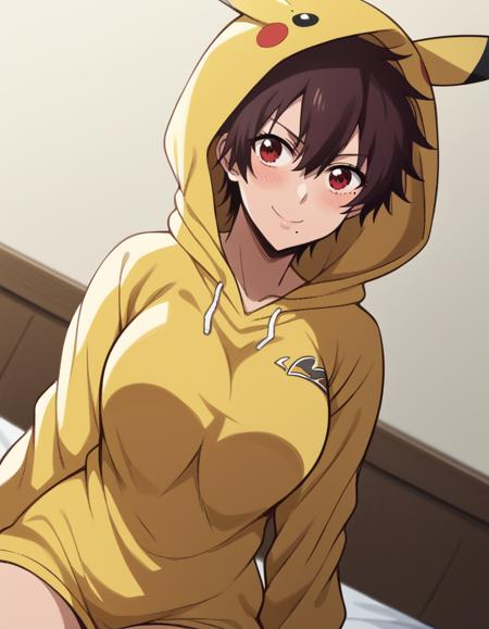 nagisa aragaki, short hair, large breasts, brown hair, red eyes, brown eyes, mole, mole under mouth, tomboy shirt, shorts, sportswear,