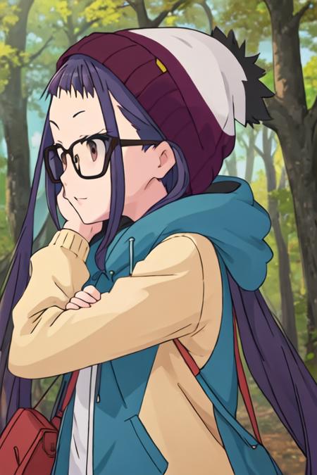 best quality, masterpiece, highres, solo, {ogaki_chiaki_yurucamp:1.15}, glasses, purple_hair, long_hair, brown_eyes, black-framed_eyewear, blue_hair, 1girl, hat, outdoors, tree, closed_mouth, jacket, purple_jacket, forest, nature, hood, looking_at_viewer, beanie