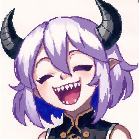 <lora:hcnone:1>, hcnone,  pixel art,

1girl, arms under breasts, black horns, buttons, closed eyes, demon girl, horns, limited palette, open mouth, painting \(medium\), sharp teeth, short hair, smile, teeth, traditional media, watercolor \(medium\), white background, white hair