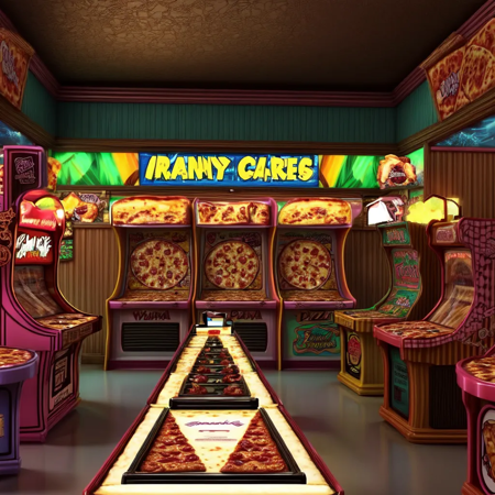 Inside a busy 80s style arcade, pizza and buffet in the middle, manny people.<lora:VaporWave_Style:0.8> <lora:add_detail:0.8> <lora:Polychrome:0.8>