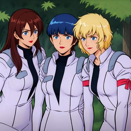 masterpiece,high quality,outdoors,
<lora:shriketeam001:0.7>,looking at viewer,smile,
ADDBASE,3 people,
maheriameril,1girl,
long hair,brown hair,hair between eyes,blue eyes,lipstick,
turtleneck,pilot suit,arm ribbon,
ADDCOL,3 people,
milierakatan,1girl,
short hair,blue hair,blunt bangs,blue eyes,lipstick,
turtleneck,pilot suit,arm ribbon,
ADDCOL,3 people,
pegielee,1girl,
short hair,blonde hair,bangs,blue eyes,lipstick,
black shirt,pilot suit,arm ribbon,