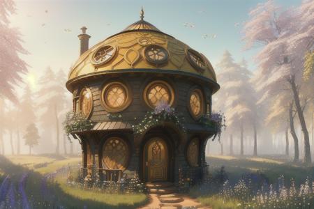 (Digital Artwork:1.3) of (one small hobbithouse with round doors and windows and a pathway leading to it), (in the middle of the forest), (centered, symmetrical), (at noon, bright light, natural lighting), (spring, flowers, insects flying), (Low-angle perspective), (Wide-angle lens capturing scenery), (hidden objects games, video game concept art), (8K Unity wallpaper), (fine details, award-winning image, highly detailed, 16k), ((video game environment concept)), pretty colors, cinematic environment, architecture, gothic, home design, magical, luxury, no humans, outdoors,CGSociety,ArtStation