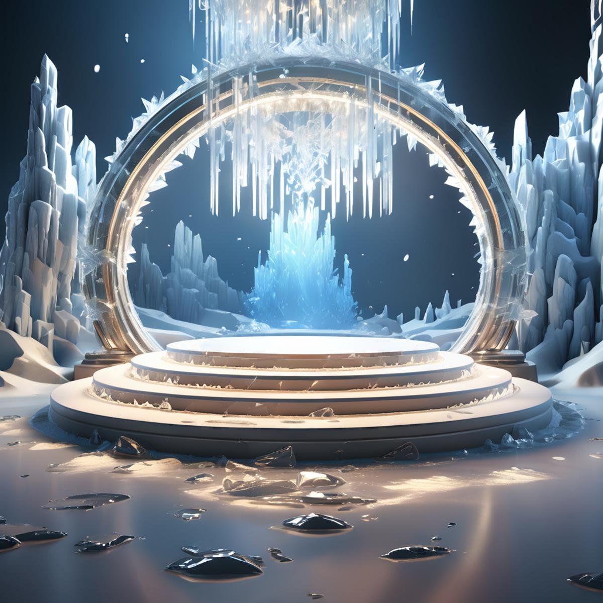 A fantasy scene with a large archway, stairs, and an ice palace.
