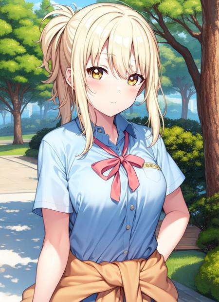 masterpiece, best quality, 1girl, solo,  <lora:ai_miyashita-10:0.65>, miyashita ai, blonde hair, yellow eyes, bangs, clothes around waist, nijigasaki academy uniform, upper body, frown, outdoors