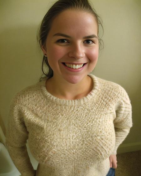 smiling college student wearing a wool sweater <lora:brynn:0.95>, ((masterpiece)) (professional photography), best quality, high quality, high-definition, extremely detailed, High detail RAW color photo professional, textured skin, goosebumps, bright eyes