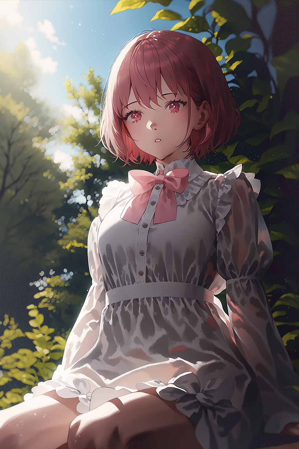 1girl, solo, dress, brown hair, long sleeves, sitting, white dress, bow, outdoors, tree, parted lips, puffy sleeves, sunli...