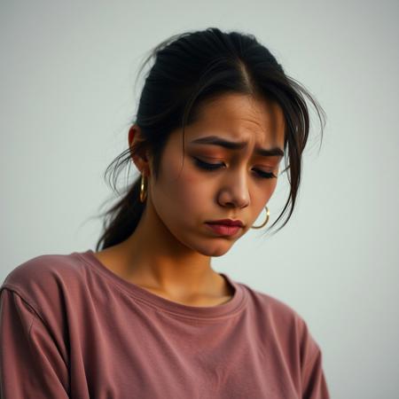 18yo woman, ashamed, crying head down, shot from below, front, side