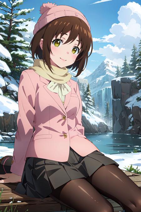 (masterpiece, best quality:1.4), looking at viewer, cowboy shot, smile, blush, aiko hatayama, short hair, brown hair, green eyes, school uniform, pink jacket, bow, skirt, pantyhose, black footwear, scarf, beanie, snow, nature, <lora:aiko_hatayama_v1:0.7>