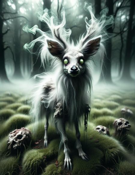 <lora:SDXLGhostStyle:1> GhostlyStyle, zombie fawn, very cute, standing in a haunted meadow, spooky, highly detailed, up close, sickly green mossy fur, decayed leather collar, swamp witch's familiar, pale gray eyes