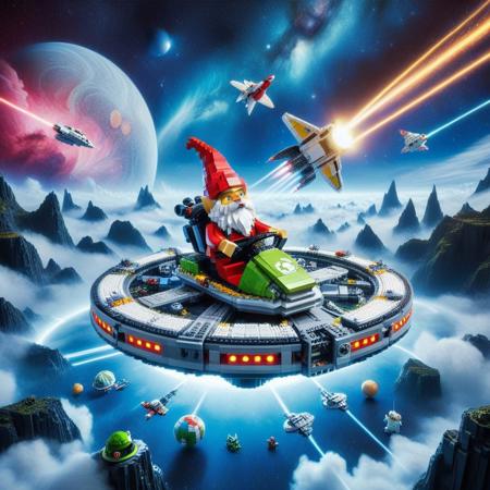 Whimsical Cartoon into Real Photo Backgrounds, Pixel Art, PixArFK, made of legos, 
score_9, score_8_up, score_7_up, score_6_up, score_5_up, score_4_up, masterpiece best quality, excellent countershading, detailed lighting, depth of field, dynamic angle, close up, oil painting BREAK a whimsical gnome riding a Shiba Inu flying saucer with its mouth open charging a laser beam, funny, realistic, photograph, shiny, rabbit, bear, frog, BREAK star cluster,space stars,clouds,stars,nebula,space art, deep space, cyberpunk space station, sci-fi space station, outer space, stars, planets, nebula, galaxies, the Milky Way, space station, massive space station, space shuttle, PixArFK
