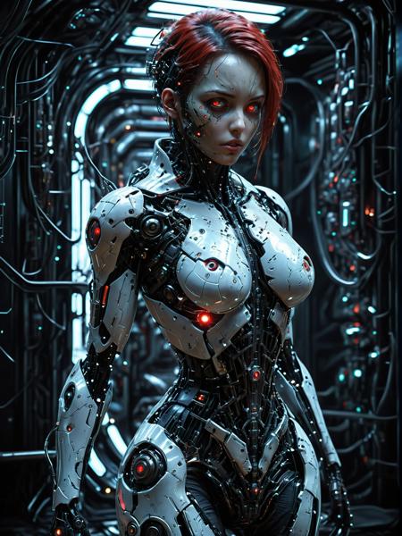 (biopunk sexy woman:1.2) with cybernetic features, cinematic, cyberpunk elements, amazing detailed, grim sci-fi, biomorph, organic and mechanical, natural light, beautiful cleavage, glowing red eyes  <lora:Dark_Futuristic_Circuit_Boards:0.6>  circuitboard, dark futuristic  <lora:hyperkraximalism_v1-1:0.2> <lora:Faceless_Cyborgs:0.5>  <lora:SDXLFaeTastic2400:0.6>