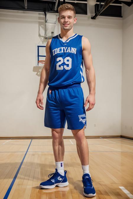 (basketball gym,) high ceiling, (hardwood floor), (basketball court), PetoMohac, basketballplayer, basketball uniform, (blue jersey:1.2), (blue shorts:1.2), dynamic movement, ball, white socks, (sneakers), smiling, masterpiece, (((full body portrait))), wide angle  <lora:PetoMohac-000008:0.8> <lora:Clothing - Sexy Basketball Player:0.55>