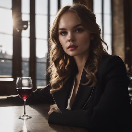 anastasia_shcheglova, <lora:AnastasiaShcheglovaXL:1>, a woman in a black jacket, sitting in a bar, holding a glass of wine, in front of the camera, ((perfect eyes, detailed eyes,realistic eyes)), ((sharp face, detailed face, realistic face, naturtal skin, realistic skin, detailed skin, pores)), (masterpiece, best quality, ultra-detailed, best shadow), high contrast, (best illumination), ((cinematic light)), colorful, hyper detail, dramatic light, intricate details, (1 girl, solo) , ultra detailed artistic photography, dreamy, backlit, shadows, ultra high definition, 8k, ultra sharp focus, ultra high quality model, soft lighting, film photography, analogue photography, hyperrealism,