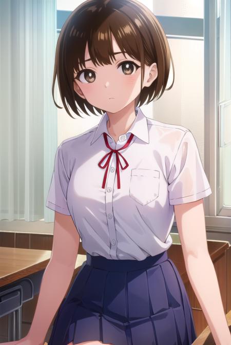 chihirokobayashi, <lora:chihiro kobayashi s1-lora-nochekaiser:1>,
chihiro kobayashi, short hair, brown hair, (brown eyes:1.5),
BREAK skirt, shirt, school uniform, pleated skirt, socks, white socks, white shirt, collared shirt, ribbon, red ribbon, short sleeves,
BREAK indoors, classroom,
BREAK looking at viewer, (cowboy shot:1.5),
BREAK <lyco:GoodHands-beta2:1>, (masterpiece:1.2), best quality, high resolution, unity 8k wallpaper, (illustration:0.8), (beautiful detailed eyes:1.6), extremely detailed face, perfect lighting, extremely detailed CG, (perfect hands, perfect anatomy),