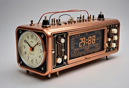 A vintage alarm clock redesigned as a retro-futuristic circuit object. The bells replaced by polished capacitors, the face covered in etched silicon pathways, hands glowing with LED traces. Clock body is copper-colored metal with exposed transistor logic and surface-mount detail. Precision and tech nostalgia combined.