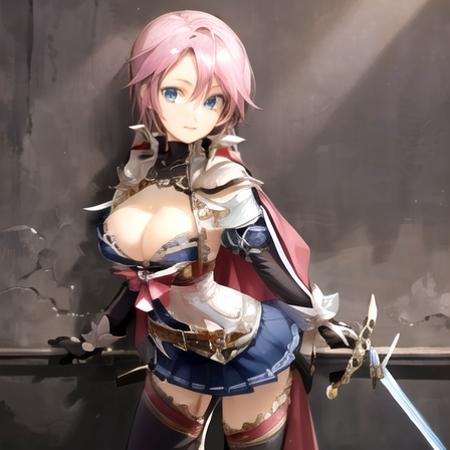 , masterpiece, Highest Quality, Highest Resolution, perfect background, perfect perspective, sharp image, perfect details, perfect lighting, perfect shadows, Perfect lighting, Best background, 1girl, filo, cleavage, pink hair, thigh highs, sword, cape, gloves, blue skirt,