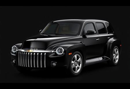 retro-futuristic 4-door chevy hhr fleetmaster, sleek black body, streamlined design with subtle curves, reduced bubble effect, large rounded headlights with integrated LED rings, bold fenders, refined chrome grille with vertical slats, aerodynamic roofline, low and wide stance, smooth doors seamlessly integrated, deep glossy black finish, chrome accents around windows and lights, sculpted rear with modern rounded taillights, jet-age-inspired design, futuristic yet classic, elegant and refined, four-door layout, sophisticated coupe silhouette, ultra-realistic textures, high-resolution, timeless design combining classic elegance with futuristic elements, subtle chrome highlights, powerful yet sleek appearance, (excessive curves:-1.5), (boxy design:-1.6), (supercar influence:-1.6), (flat shapes:-1.6), (over-the-top luxury cues:-1.5)