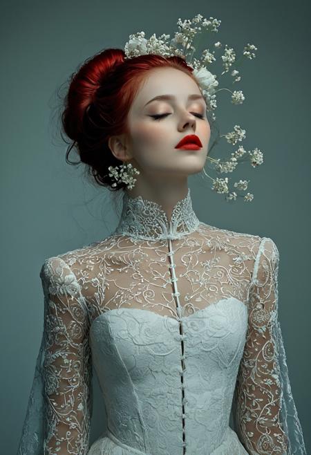The image is a hyper-realistic, digital artwork of a woman rendered in a highly detailed, surreal style. The subject is a woman with a pale, almost ethereal complexion, dressed in an elaborate, ornate, high-collared white gown adorned with intricate, swirling patterns that resemble lace or delicate embroidery. The dress features a high neckline and long sleeves, with the fabric draped elegantly to accentuate her slender figure. Her hair is styled in a voluminous, intricate updo, covered in delicate, almost ethereal white flowers that flow outward as if caught in a breeze, creating a dynamic, almost otherworldly effect. The flowers are a slightly darker shade of white, adding depth and contrast to the scene.
Her eyes are closed, and her head is tilted back, giving her an almost ethereal, serene expression. Her lips are painted a bold, bright red, which stands out vividly against her pale skin and contrasts starkly with the white of her dress and hair. The background is a gradient of cool, muted colors, transitioning from a deep, almost black blue at the bottom to a lighter blue at the top, which enhances the focus on the subject. The lighting is soft yet dramatic, with a slight blue hue that complements the cool tones of the background.