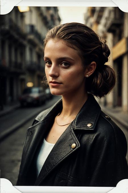 photo of (kb0ck:0.99), a woman, closeup portrait, perfect hair upsweep updo, posing, (vintage photo, overcoat), (polaroid frame), 24mm, (tintype), (analog, film, film grain:1.3), ((on a Havana street, night, gritty)), ((detailed eyes)), (seductive pose), (epicPhoto), Cuba