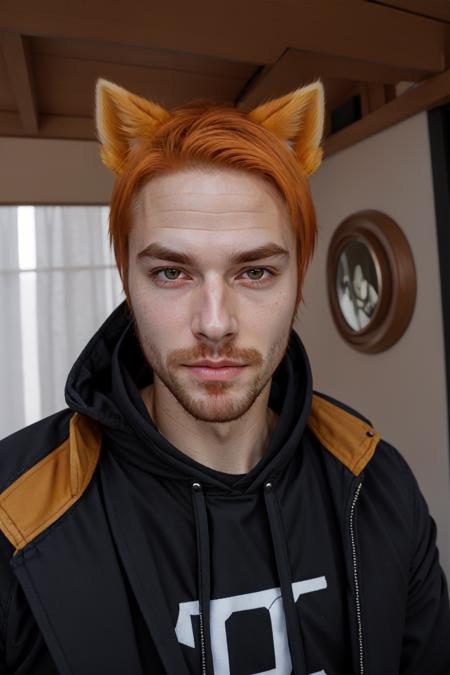 Roiadan Vanzey,  Osenayan,  (masterpiece,  best quality),  animal ears,  solo,  facial hair,  1boy,  male focus,  fox ears,  orange hair,  indoors,  beard,  stubble,  looking at viewer,  lips,  upper body,  brown eyes,  nose,  jacket,  cosplay,  rule of thirds, <lora:EMS-49410-EMS:0.500000>