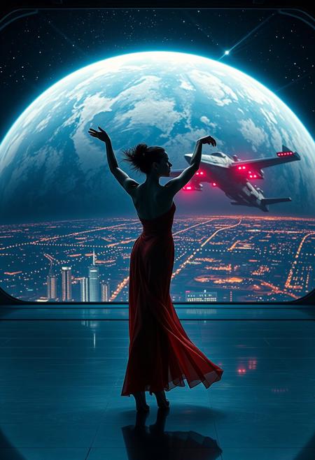 a beautiful elegant female dancer is dancing on a futuristic stage micro-LED lighted, behind the dancer on the stage is an enormous seamless and futuristic wall to wall and floor to ceiling window that looks out at a planet from low orbit, the planet is covered with the lights of enormous buildings and cities, An enormous deco starship with futuristic lighting and an enormous space station are visible in the background among the stars, Artistic art deco, dynamic perspective, (((overall architectural aesthetic is Art Deco Cyberpunk))).  Epic image that elicits a feeling of wonder and awe,