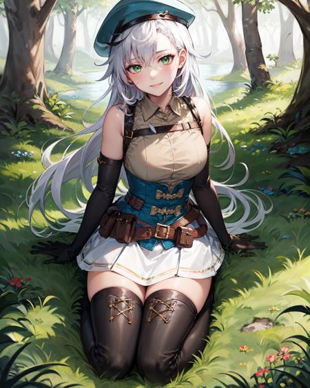 best quality, (masterpiece:1.2), illustration, absurdres,
(1girl), (solo), (beautiful detailed girl),  full body shot,,
<lora:FieKuro:1>, white hair, long hair, green eyes, medium breasts
green beret, green corset, white skirt, brown top, bare shoulders, black gloves, elbow gloves,  black boots, thighhigh boots, 
looking at viewer, smile,
pine forest, scandinavian forest, river, rocks,