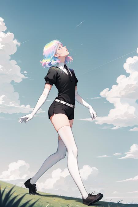 diamond, multicolored hair, multicolored eyes black shirt, elbow gloves, necktie, short shorts, belt, white thighhighs, shoes white shirt, suspenders, elbow gloves, necktie, short shorts, belt, white thighhighs, shoes
