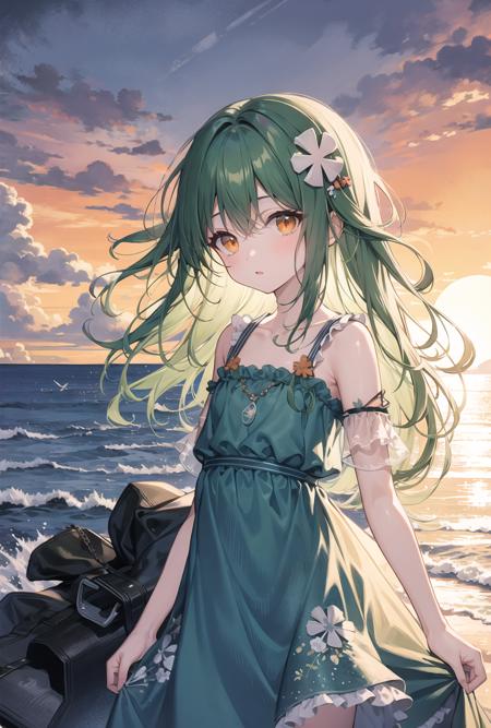 (pixiv masterpiece),masterpiece, best quality, 1girl,cute,kawaii, flat chest, green hair, orange eyes,  clover hair ornament, long hair, disheveled hair, messy hair, backlighting, lucency full dress, ((dusk)),sunset glow,standing on the ((headland)),extremely beautiful (red sun),some seabirds flying in the beautiful sky,[a few thin clouds in the sky],(cinematic lighting)[Tyndall Effect],cowboy shot